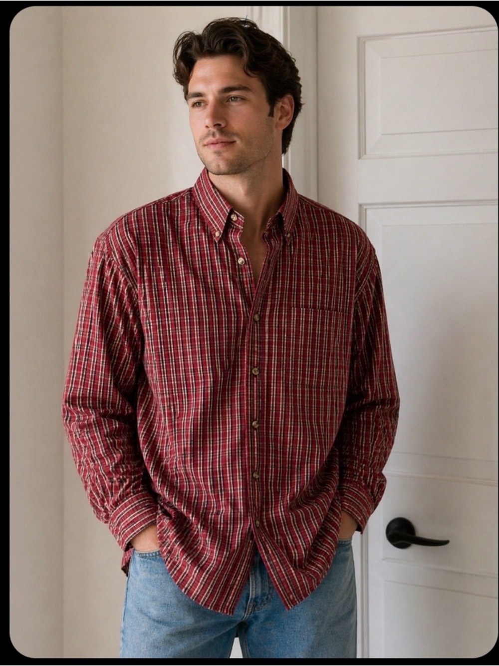 Men's Red Plaid Button-Down Shirt - Classic Long Sleeve large tall